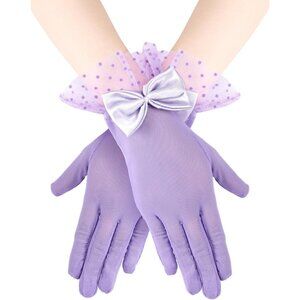 Women's Short Purple Bow Lace Gloves Tea Party Elegant Opera Wedding Accessories